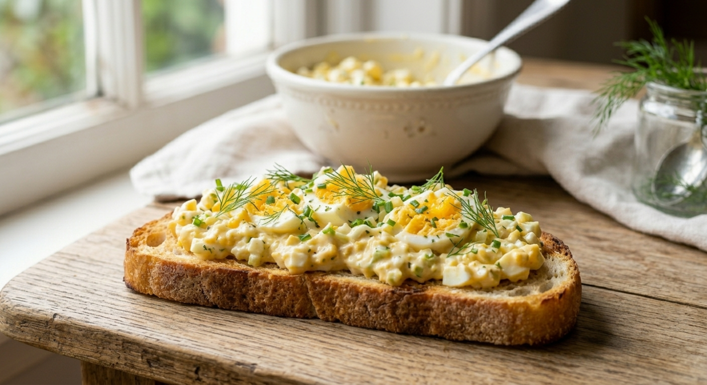 Creamy homemade egg salad served on a slice of toasted sourdough bread with fresh dill garnish on a rustic wooden table.
