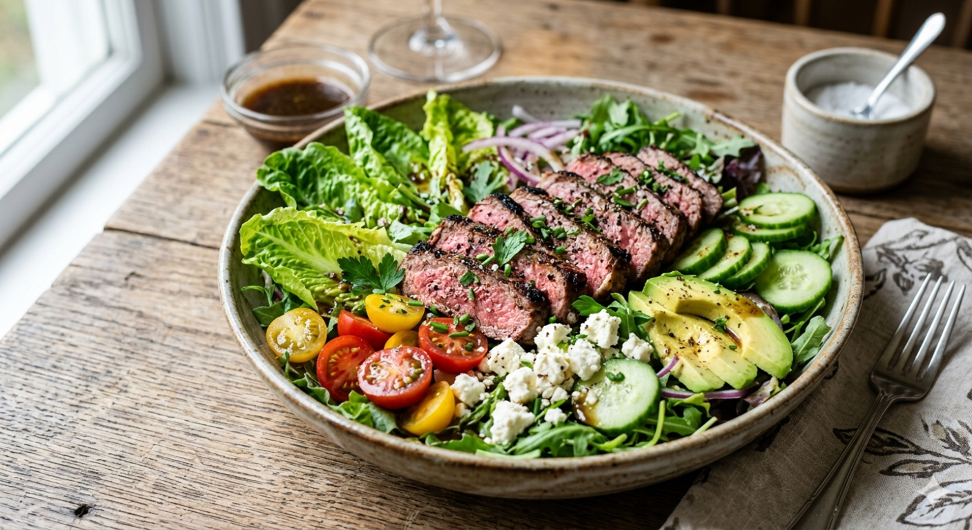 A vertical top-down shot of a gourmet steak salad in a rustic ceramic bowl, featuring perfectly grilled medium-rare steak slices arranged over fresh romaine lettuce, cherry tomatoes, cucumber slices, avocado, crumbled feta cheese, and a drizzle of balsamic dressing on a wooden table.