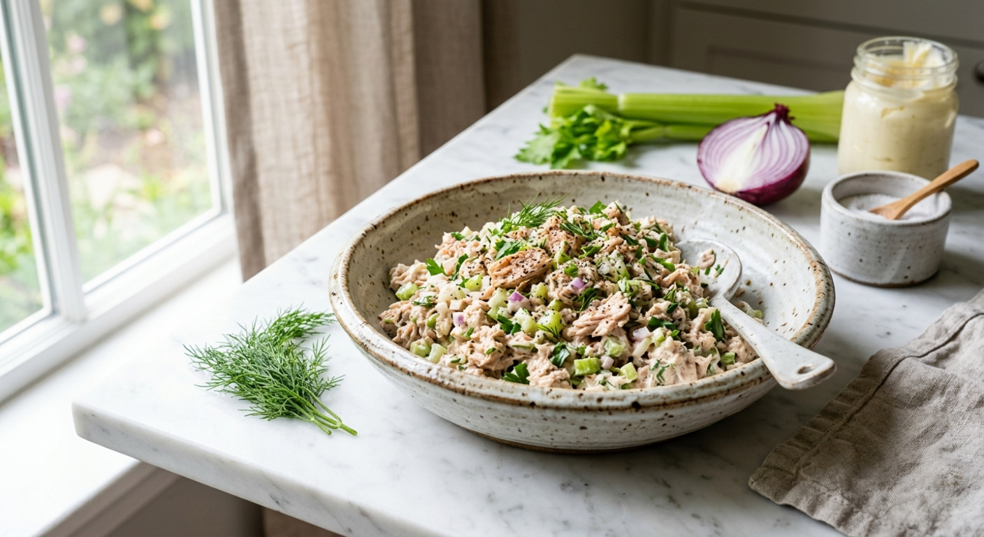 A rustic ceramic bowl filled with fresh, flaky tuna salad made with celery and red onion, garnished with fresh herbs and lemon wedges, set on a white marble countertop with natural window lighting.
