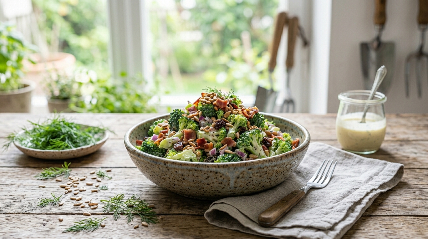 A close up photograph on a rustic wooden table, featuring a large, speckled ceramic bowl filled with a fresh broccoli salad. The salad is mixed with crispy bacon pieces, dark raisins, red onion dice, and sunflower seeds. A glass jar of creamy dressing with a spoon is next to the bowl, along with a linen napkin and fork. In the softly blurred background is a window looking out onto a garden, with potted herbs and garden tools visible.