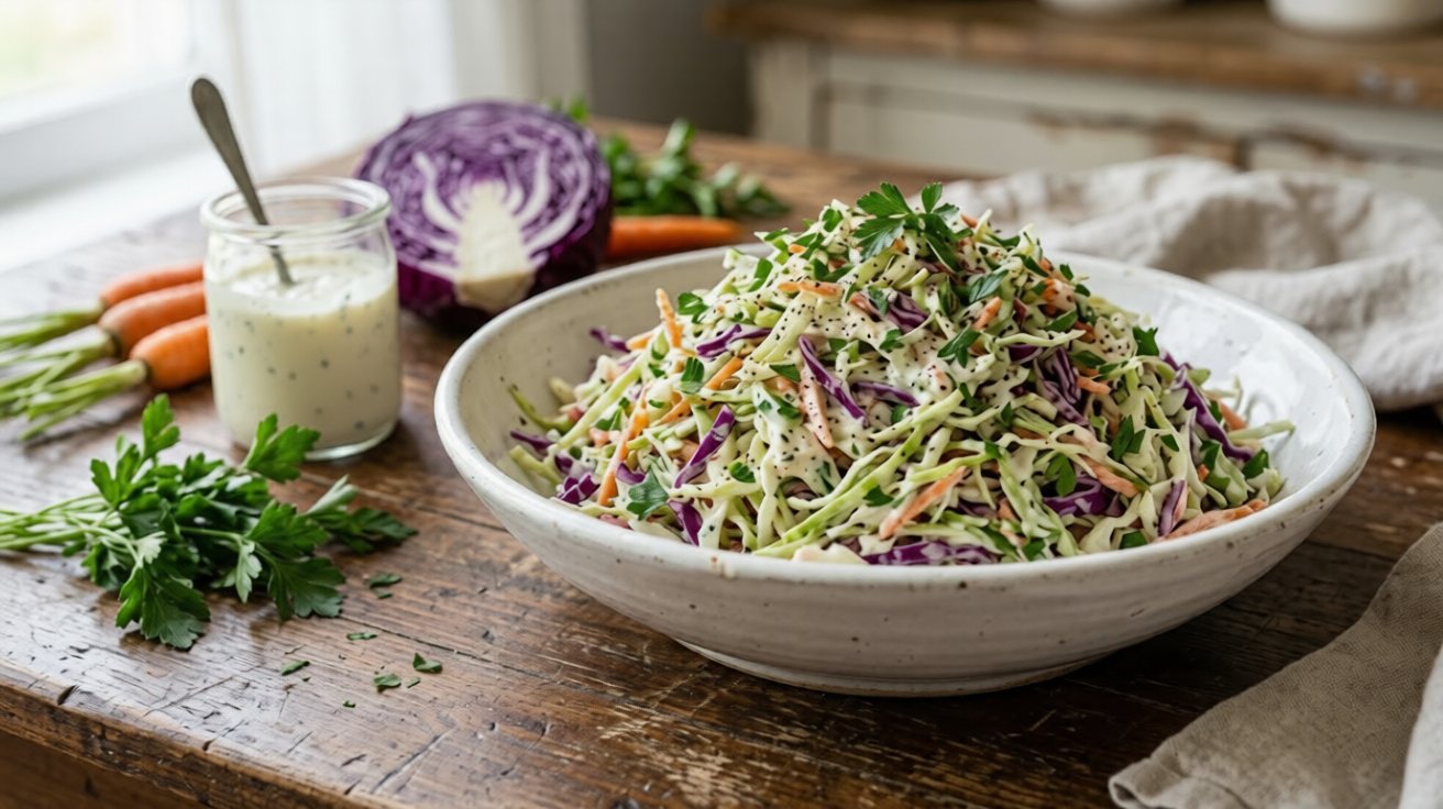 A close-up, high-angle shot of a vibrant, creamy cabbage salad served in a rustic white ceramic bowl on a dark wooden farmhouse table. The salad features shredded green and purple cabbage, shredded carrots, and a creamy dressing, topped with fresh parsley and black pepper. In the background, there is a small glass jar labeled 'Creamy Cabbage Salad' containing dressing, a piece of purple cabbage, and a bundle of fresh parsley, all bathed in soft, natural daylight with a shallow depth of field.