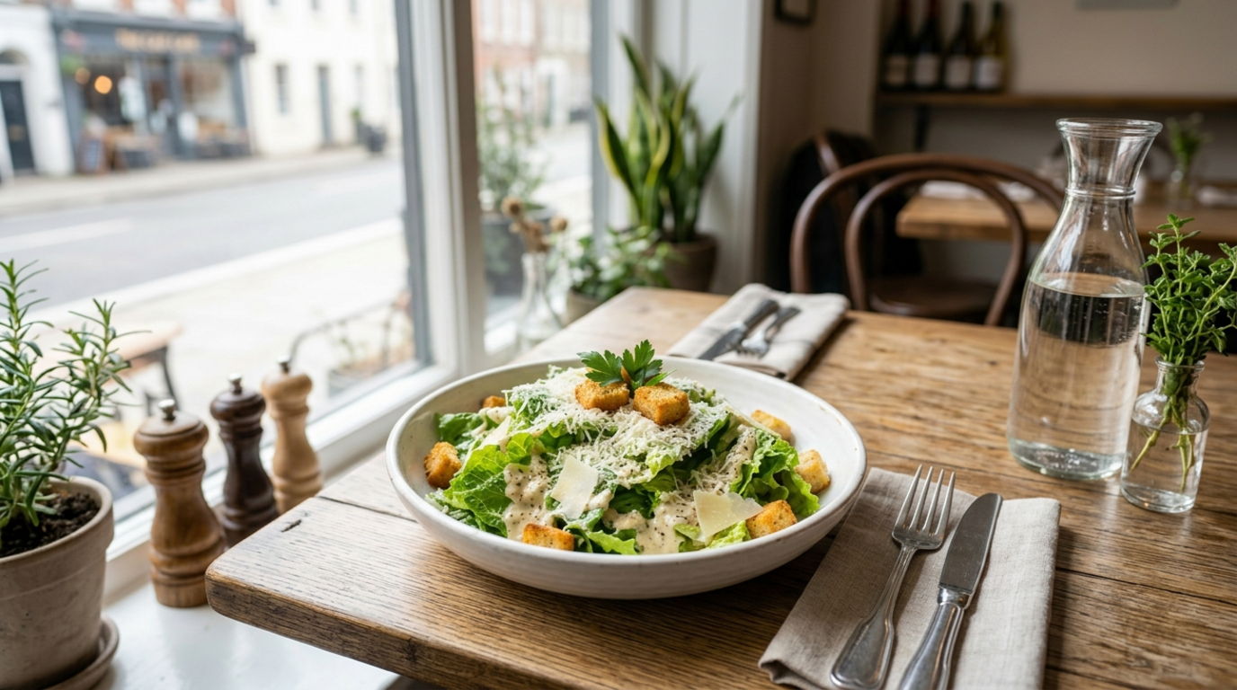 Elegant horizontal presentation of a fresh Caesar salad in a white bowl, set on a rustic wooden restaurant table with cutlery and a water carafe.