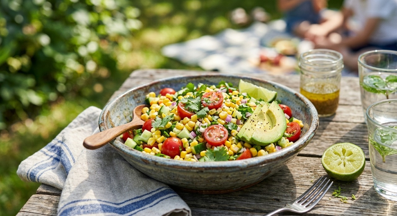 A vibrant, close-up shot of a fresh summer corn salad in a rustic blue ceramic bowl, served outdoors on a weathered wooden table. The salad features golden sweet corn, halved cherry tomatoes, diced cucumber, red onion, fresh cilantro, and slices of creamy avocado. Beside the bowl sits a lime wedge and a small jar of dressing, all bathed in bright, soft natural sunlight with a blurred picnic background.