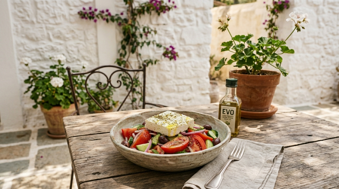 A wide, horizontal shot of a fresh Greek salad in a rustic bowl on a wooden table, featuring tomatoes, cucumbers, olives, and a feta block, with potted plants and a white stone wall in the background under natural sunlight.