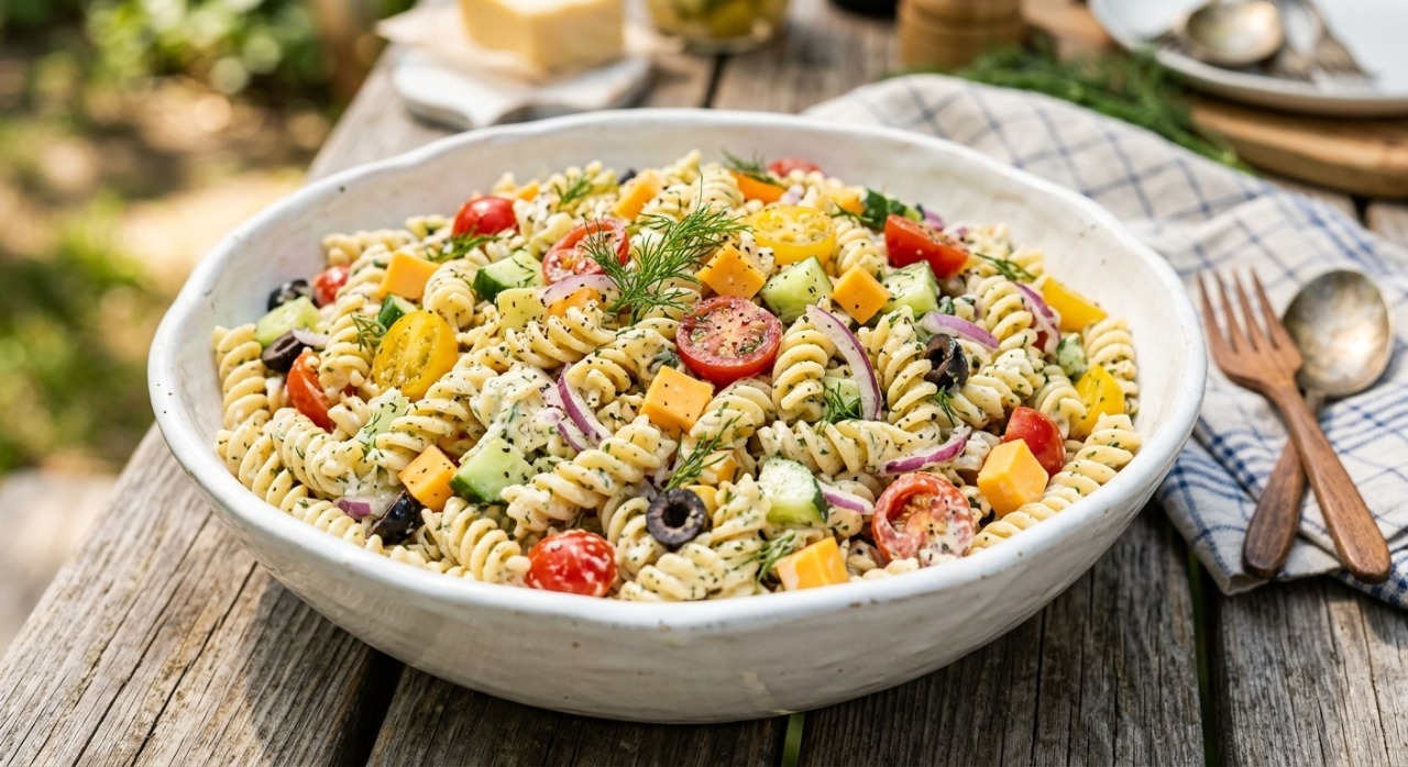 A large rustic white bowl filled with creamy rotini pasta salad, mixed with cherry tomatoes, cucumbers, red onion slices, black olives, and cheddar cheese cubes, garnished with fresh dill on a sunny wooden outdoor picnic table.