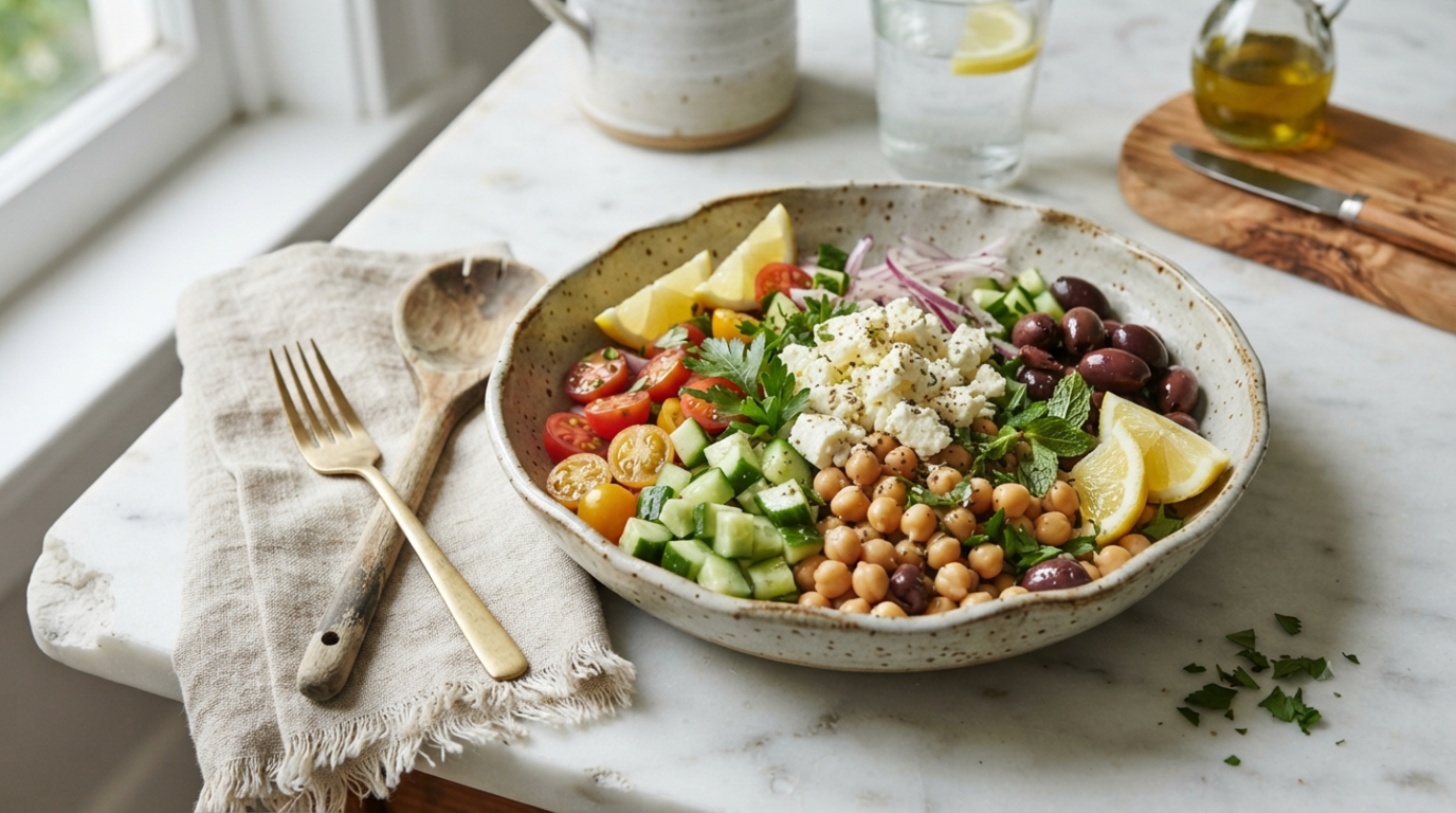 A step by step visual guide showing the process of making a Mediterranean chickpea salad, from prepping raw ingredients and chopping vegetables to whisking the dressing and final plating.
