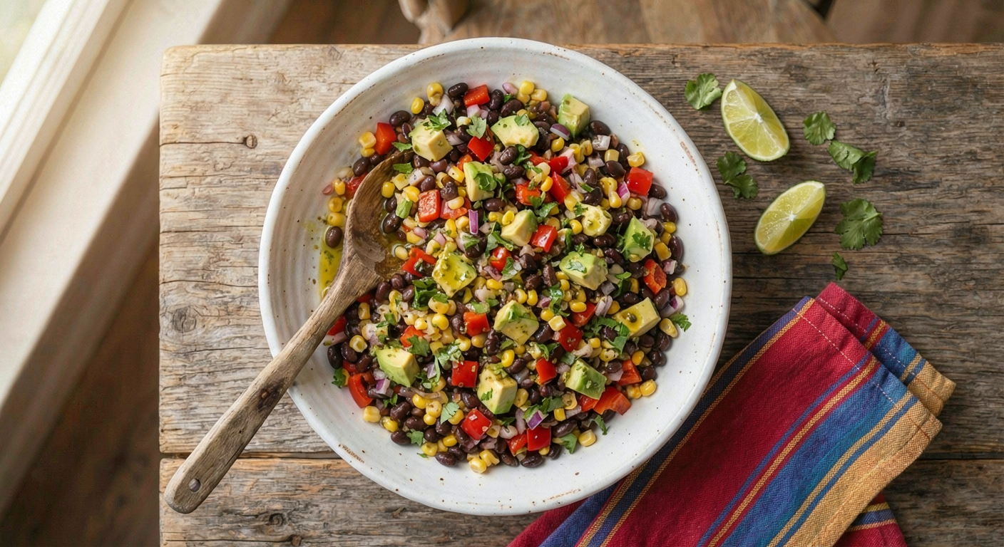 Irresistible Black Bean Corn Salad Recipe made with black beans, sweet corn, avocado, peppers, and fresh lime dressing.