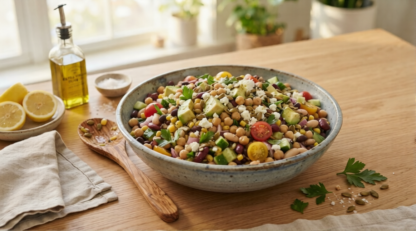 Vibrant Ultimate Dense Bean Salad in a handcrafted ceramic bowl on an oak table.