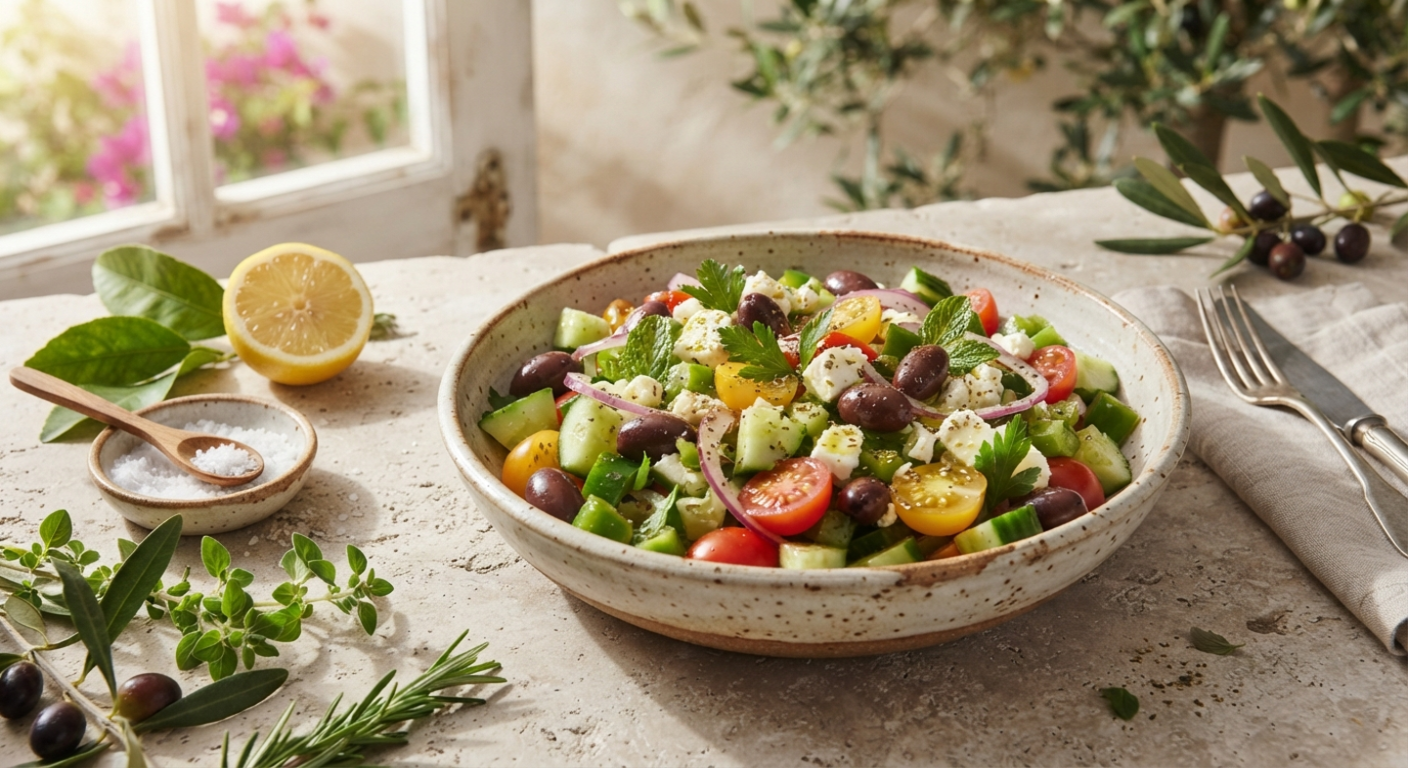 A large, rustic ceramic bowl overflowing with a vibrant Mediterranean salad, featuring diced cucumbers, tomatoes, red onions, olives, and feta cheese, set on a kitchen counter in soft natural sunlight.