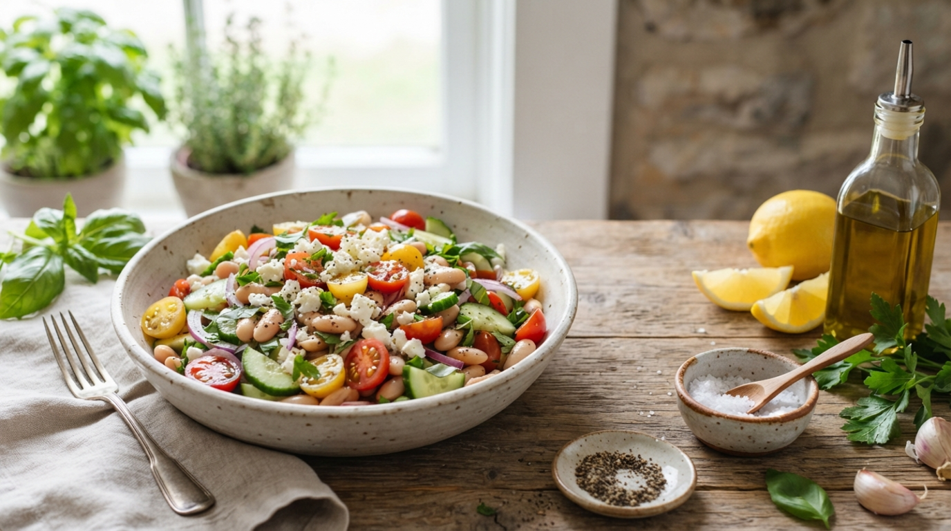 Vibrant Flavor Packed White Bean Salad in a rustic ceramic bowl.