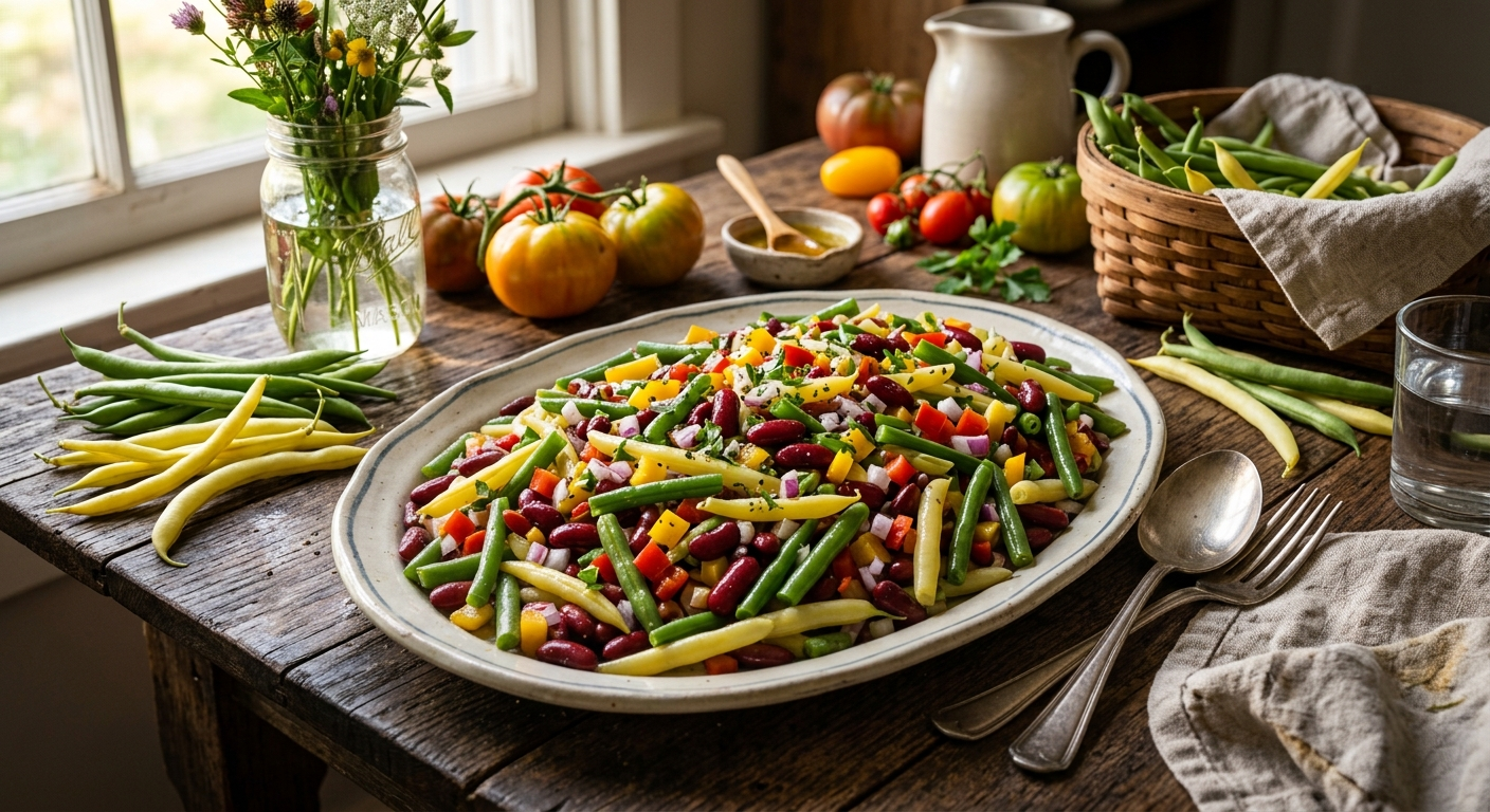 Three Bean Salad spread on an oval ceramic platter with fresh herbs.