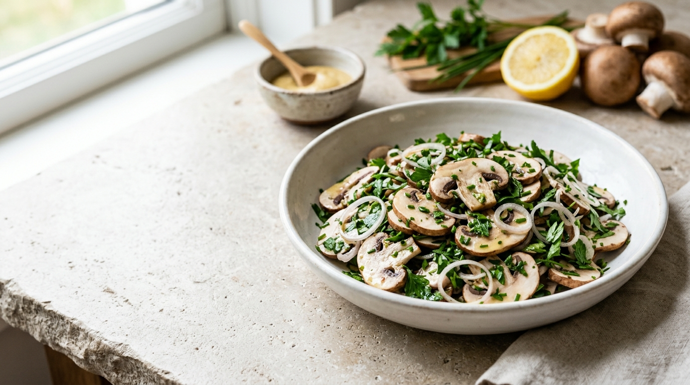 Fresh raw cremini mushroom salad with shallots and fresh herbs in a white bowl.